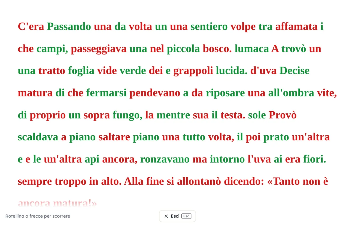 Testi intrecciati a schermo intero: due racconti alternati parola per parola, uno in rosso e uno in verde, in grassetto con grazie