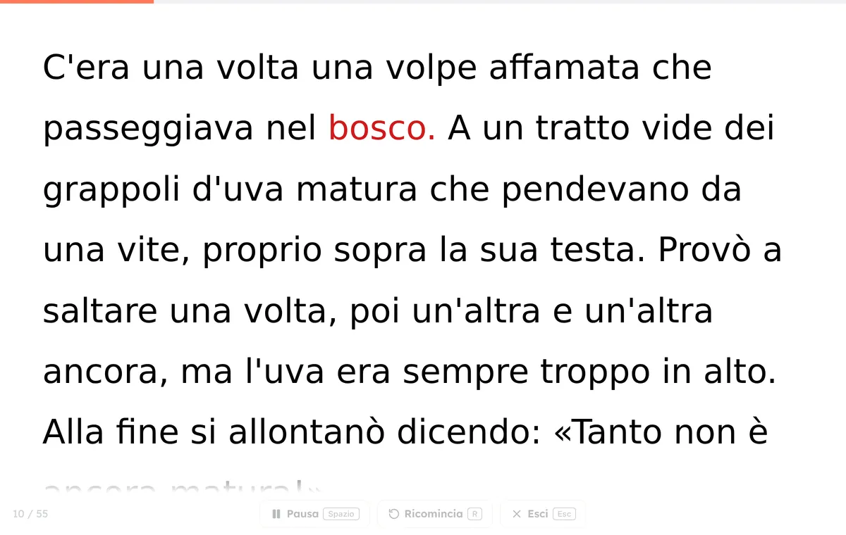 Schermata di lettura del karaoke a schermo intero: testo nero su fondo bianco con la parola corrente, bosco, evidenziata in rosso e contatore 10 su 55
