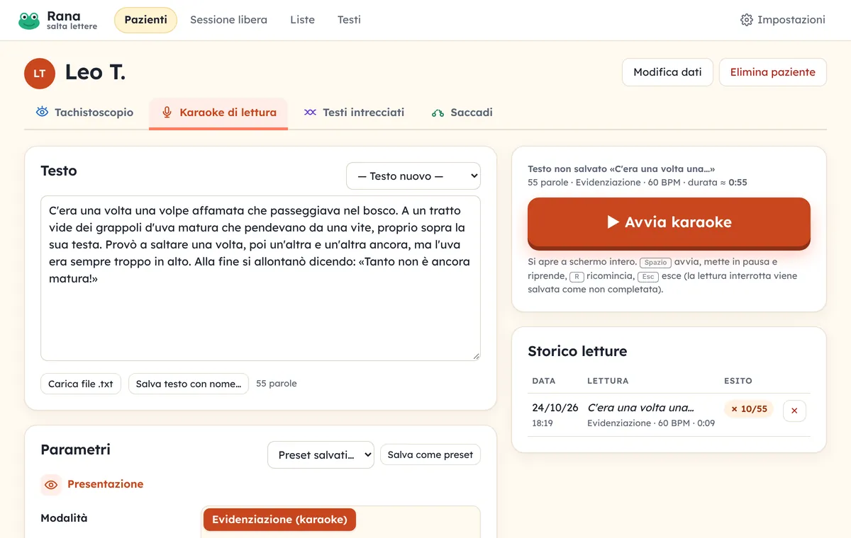 Scheda del karaoke di lettura: testo della favola La volpe e l'uva, parametri di presentazione e storico letture del paziente